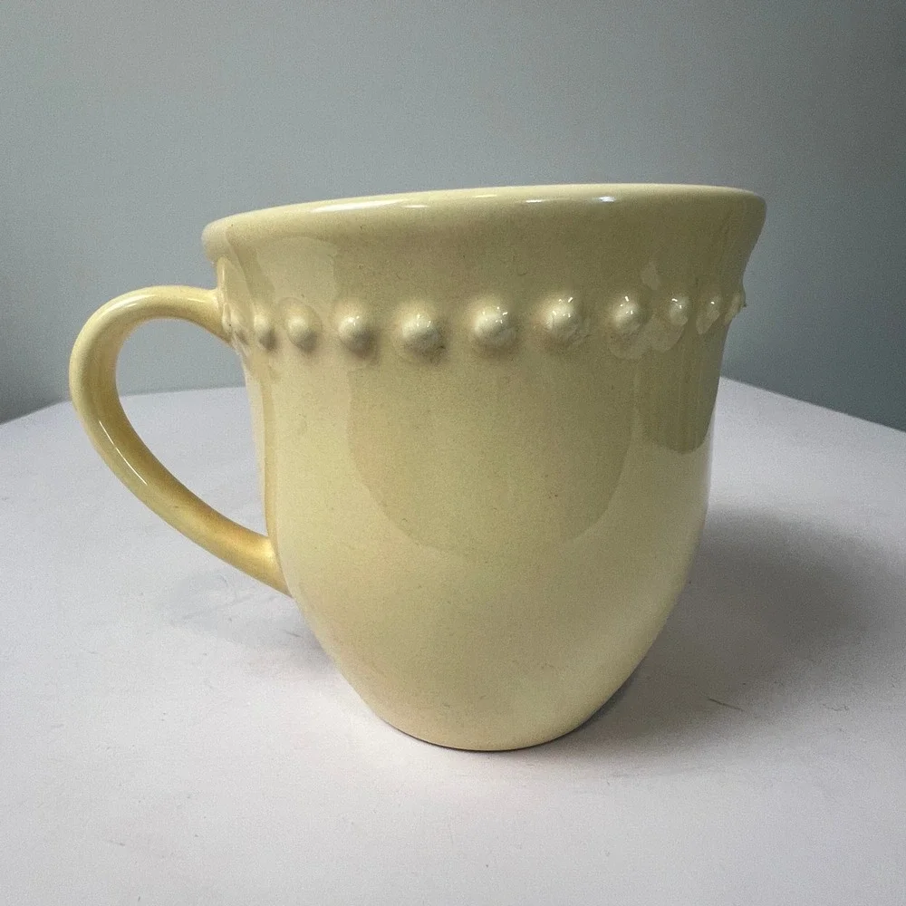 Pottery Barn Emma Coffee Mug Yellow Beaded Stoneware Portugal Farmhouse Cup Tea
